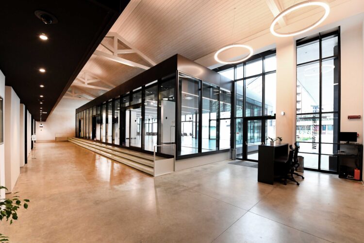Hall d'ingresso moderna con ampie vetrate e soffitto alto, illuminata da luce naturale.