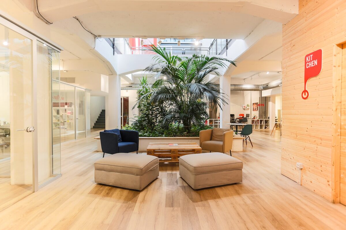Spazio coworking con area relax e piante tropicali al centro, arredato con poltrone e pouf.